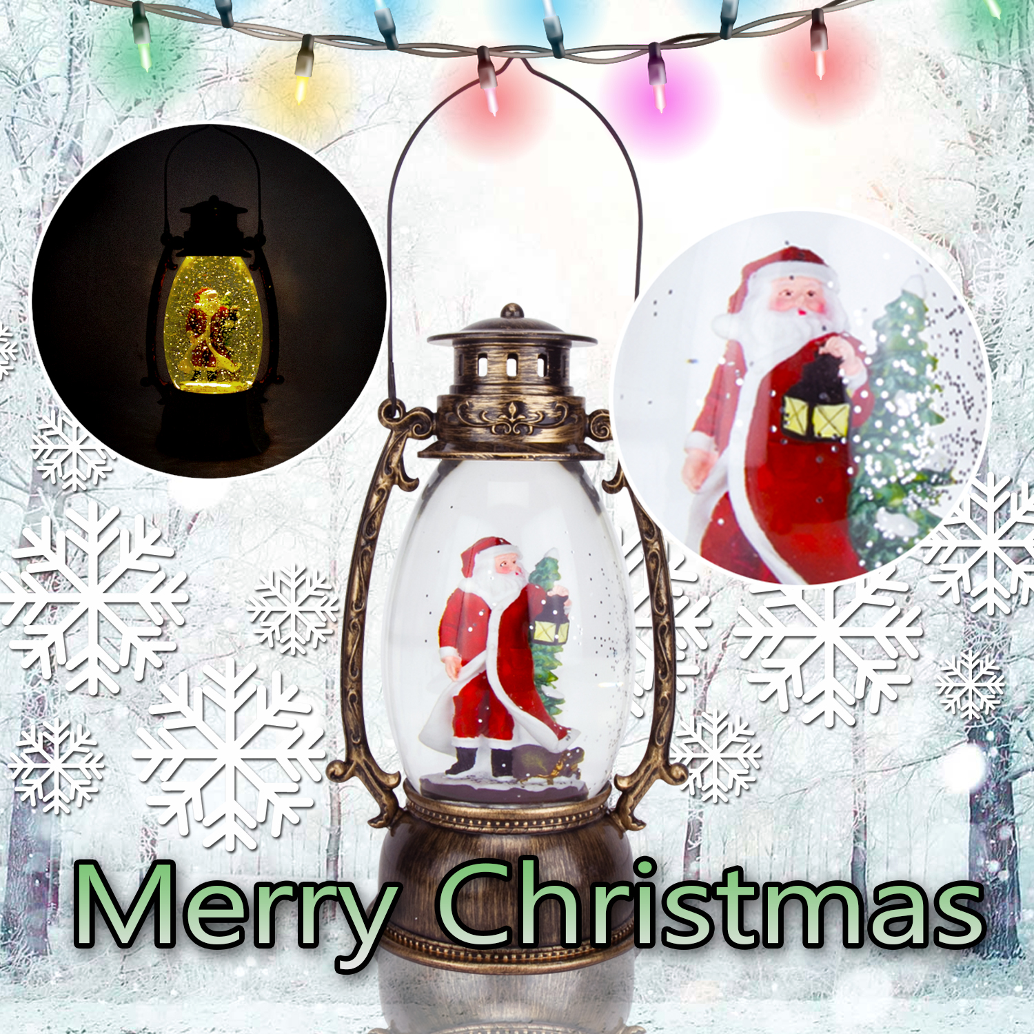 Christmas Snow Globe LED Lighted Lantern Battery Operated Swirling Glitter Water