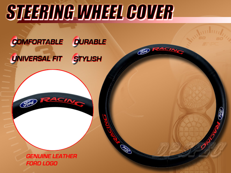 OFFICIALLY LICENSED FOR FORD RACING GENUINE LEATHER 15" STEERING WHEEL COVER