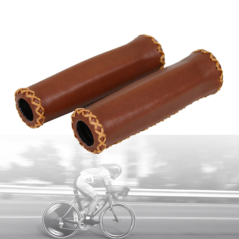 Brown PU Leather Soft Rubber Bicycle MTB Mountain Bike Grips Handlebar