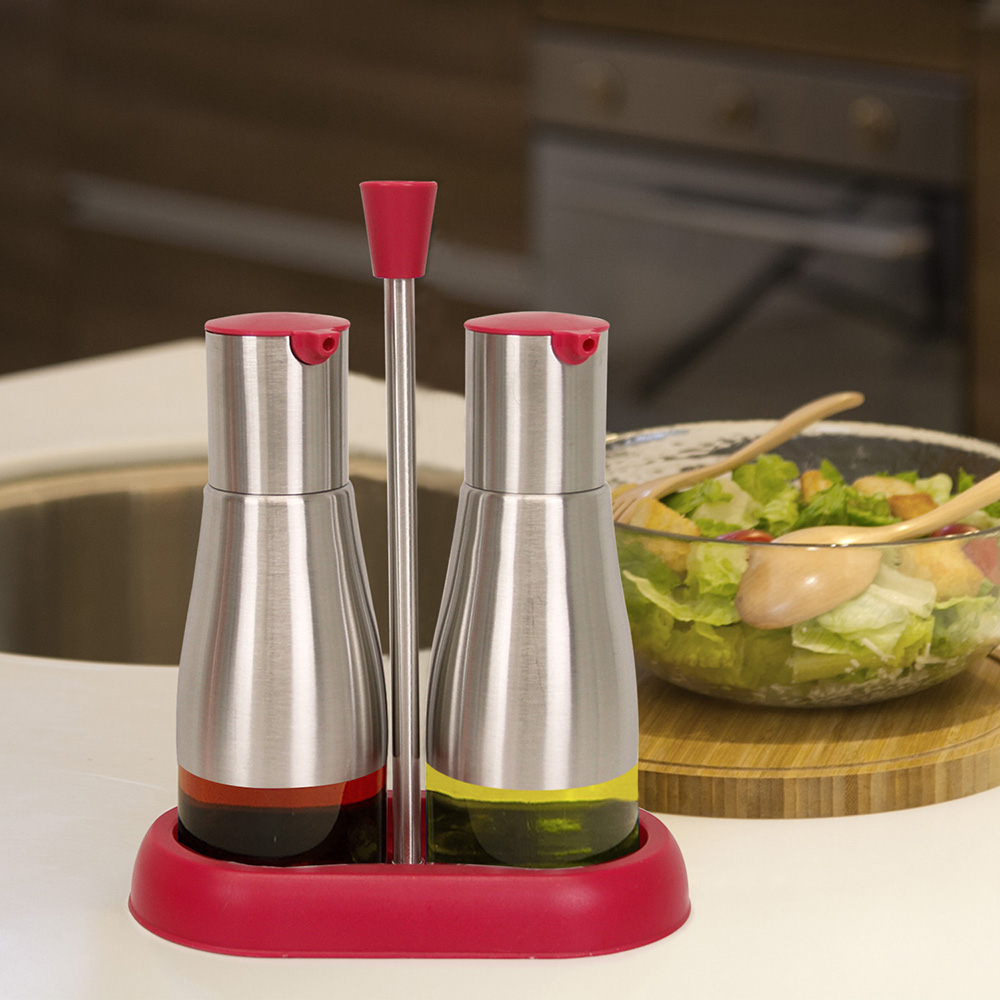Evelyne Stainless Steel Oil Vinegar Soy Sauce Dispensers Set with Tray